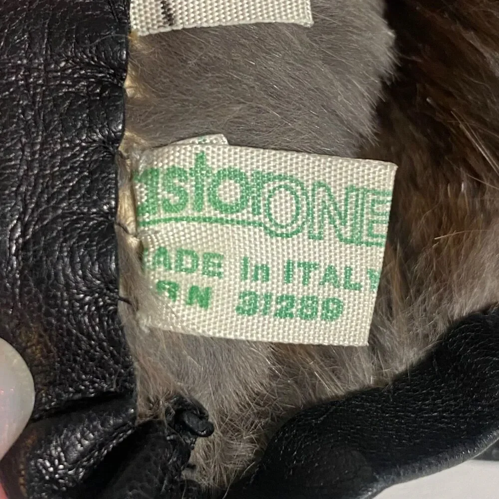 Astor One Italy Black Leather Gloves Rabbit Fur Lined Size 6.5